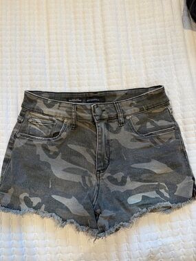 See Thru Soul Olive & Gray Camo High-Rise Jean Shorts